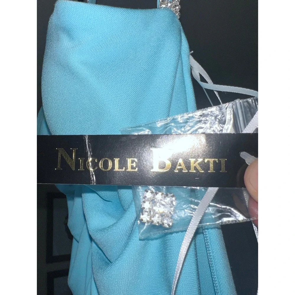 Nicole Bakti Turquoise Blue Rhinestone Ruched Formal Prom Gown Dress Womens Sz S - Picture 6 of 12